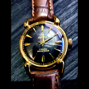 Rare Roamer Brevete Swiss Mens Manual Watch Gld Blk Brw